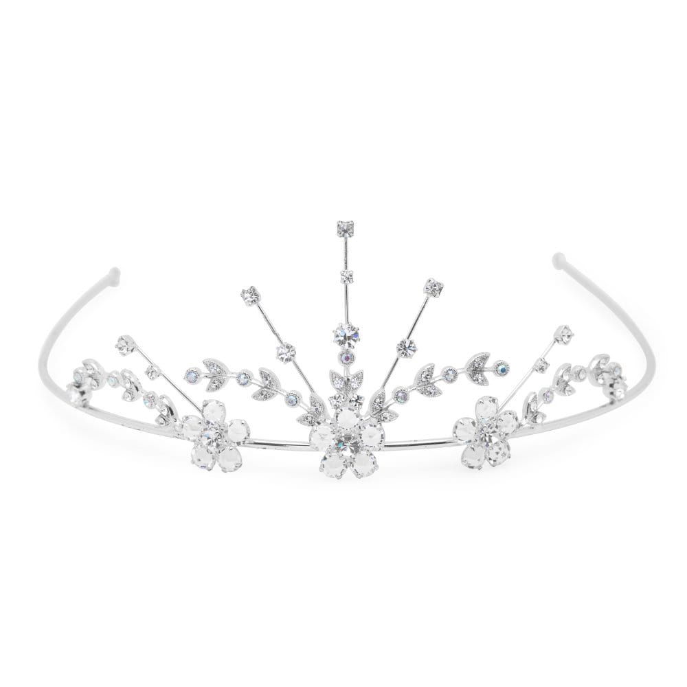 Silver Crystal Flower Statement Tiara - Gift Pouch