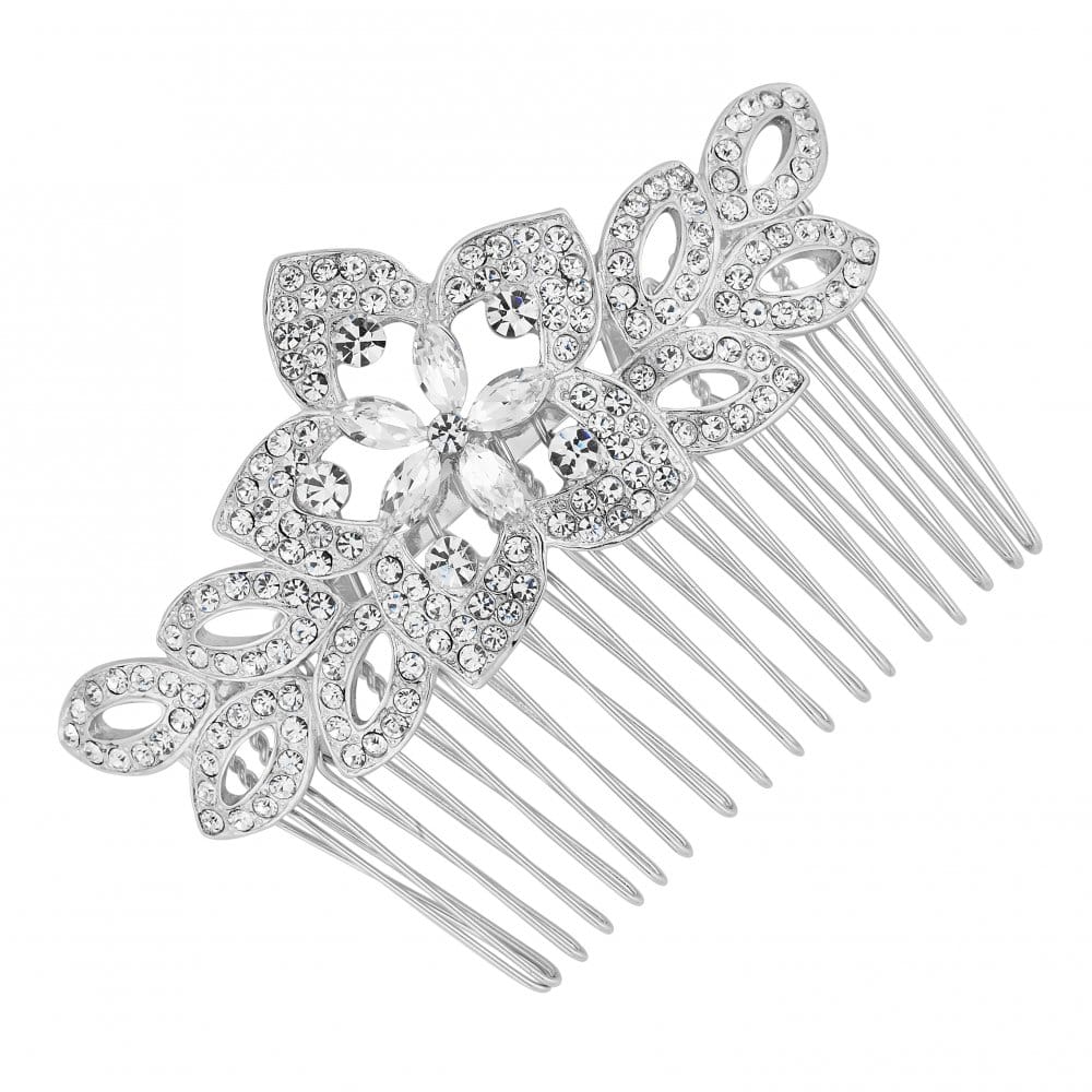Crystal Embellished Navette Flower Hair Comb - Gift Pouch