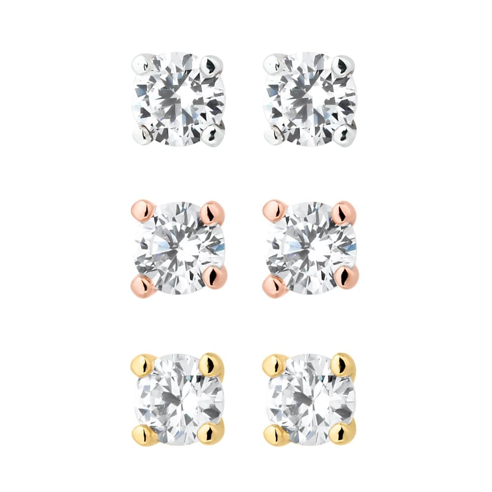Gold/ Silver/ Rose Gold Plated Cubic Zirconia Stud Earring - Pack of 3