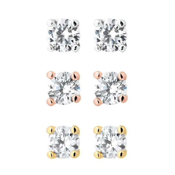 Gold/ Silver/ Rose Gold Plated Cubic Zirconia Stud Earring - Pack of 3