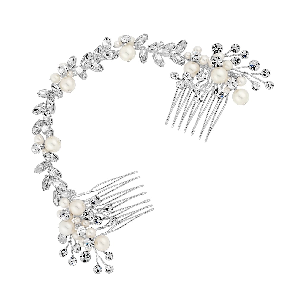 Elsa Silver Pearl And Crystal Small Double Comb - Gift Pouch