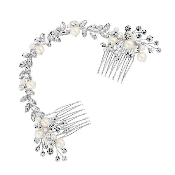 Elsa Silver Pearl And Crystal Small Double Comb - Gift Pouch