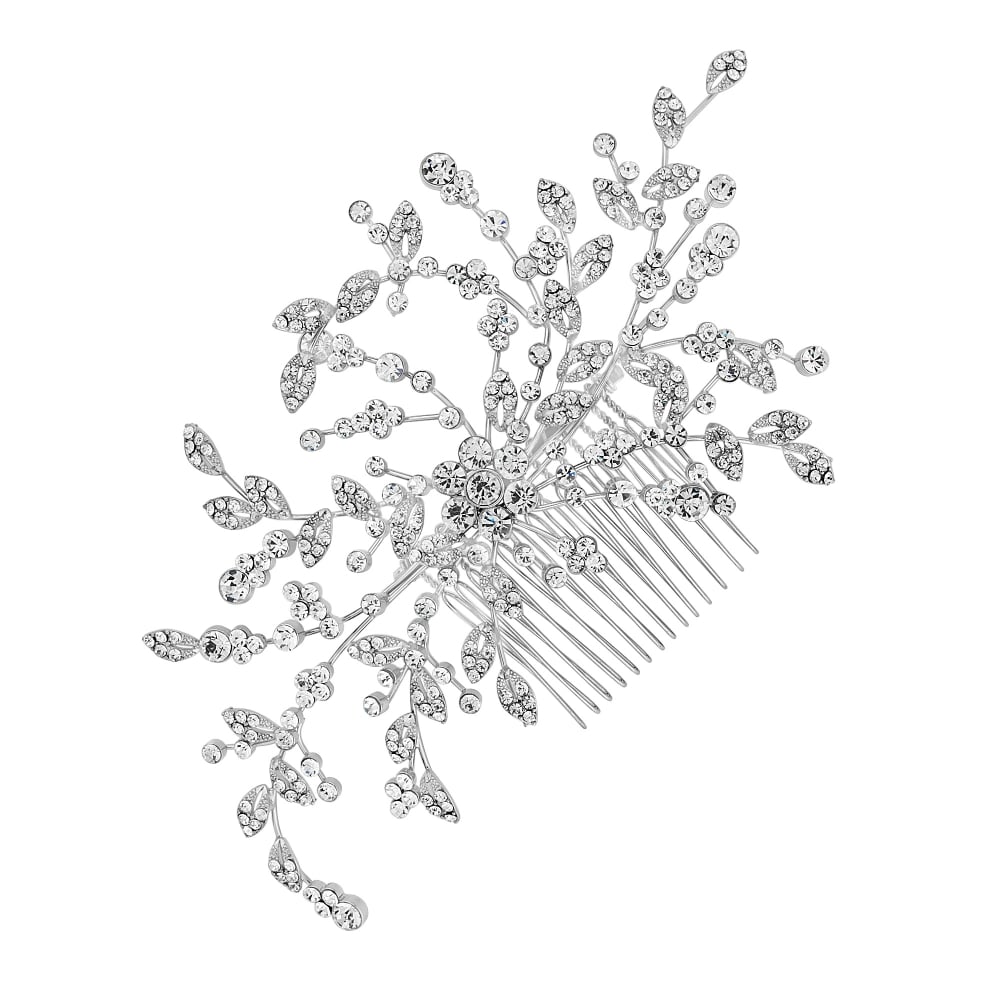 Silver floral spray hair comb