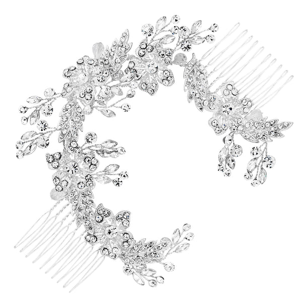 Silver Floral Crystal Double Hair Comb - Gift Pouch