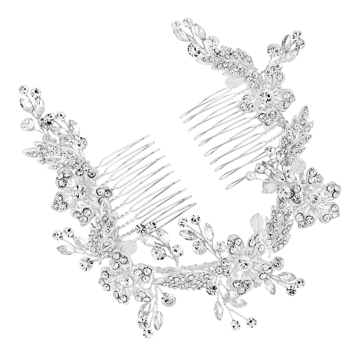 Silver Floral Crystal Double Hair Comb - Gift Pouch