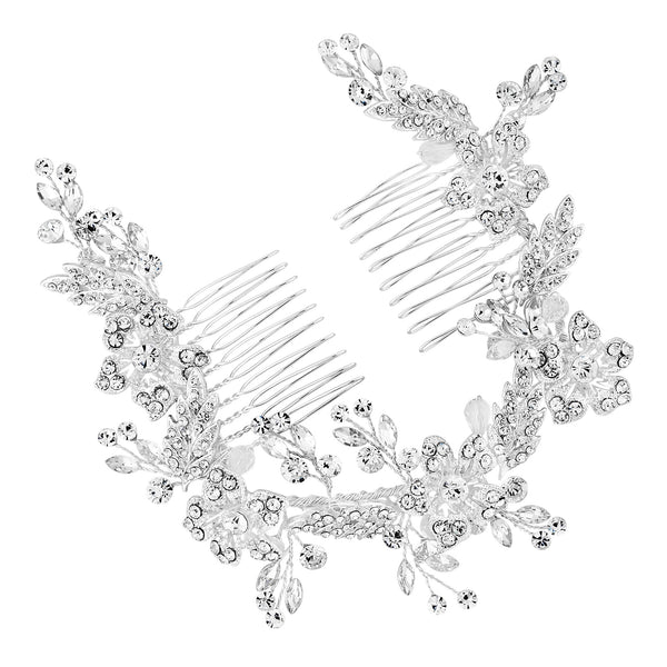Silver Floral Crystal Double Hair Comb - Gift Pouch