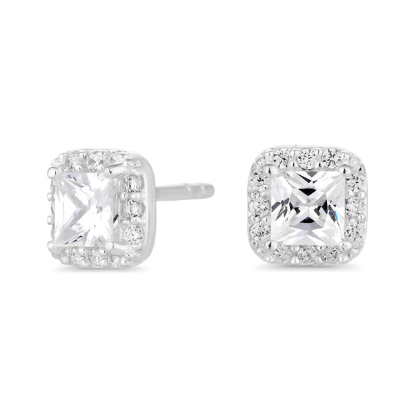 Sterling Silver 925 Cubic Zirconia Square Halo Stud Earring