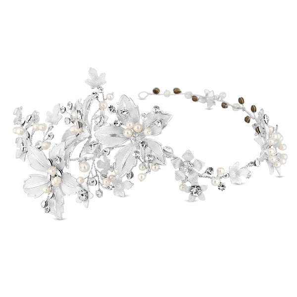 Lila Silver Floral Crystal And Pearl Hair Vine - Gift Pouch