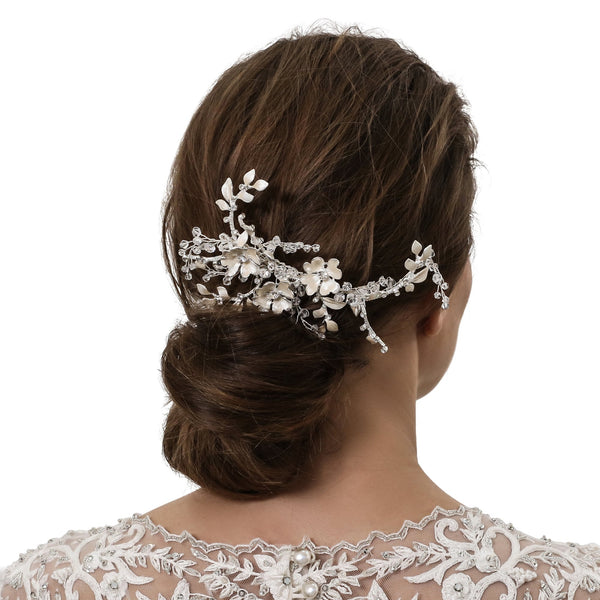 Jon Richard Radiance Collection Silver Plated Textured Leaf Beaded Hair Comb - Gift Pouch