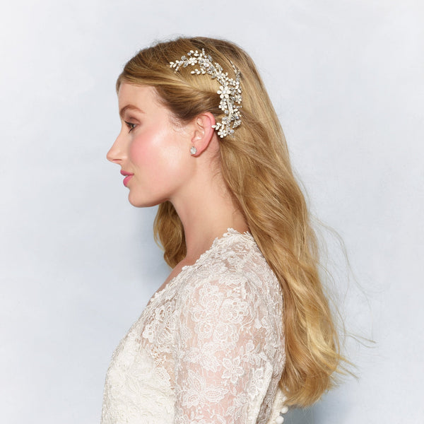 Silver Blush Painted Crystal Floral Hair Clip - Gift Pouch