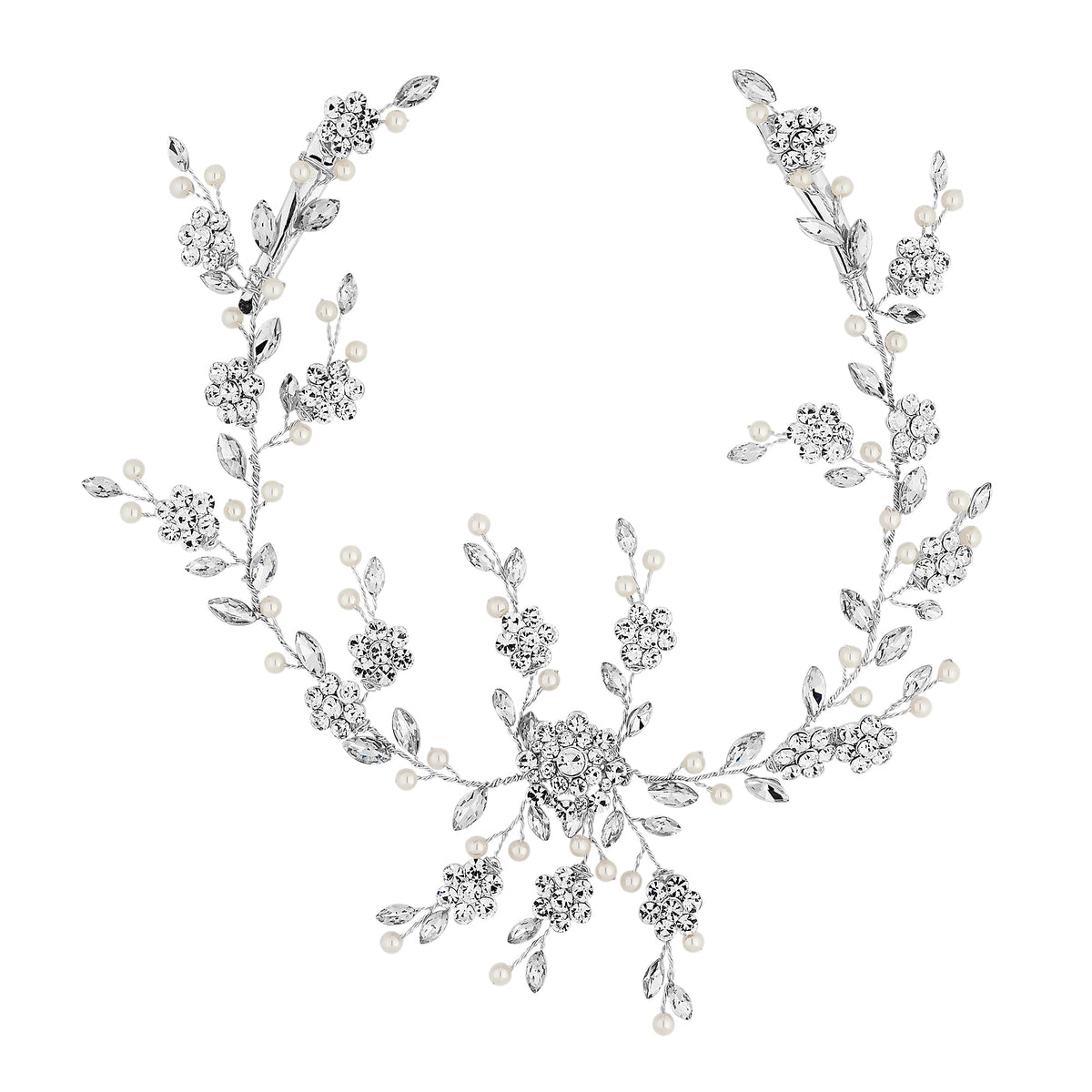 Silver Crystal Flower And Pearl Hair Vine - Gift Pouch