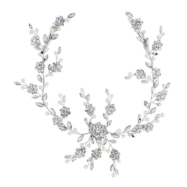 Silver Crystal Flower And Pearl Hair Vine - Gift Pouch