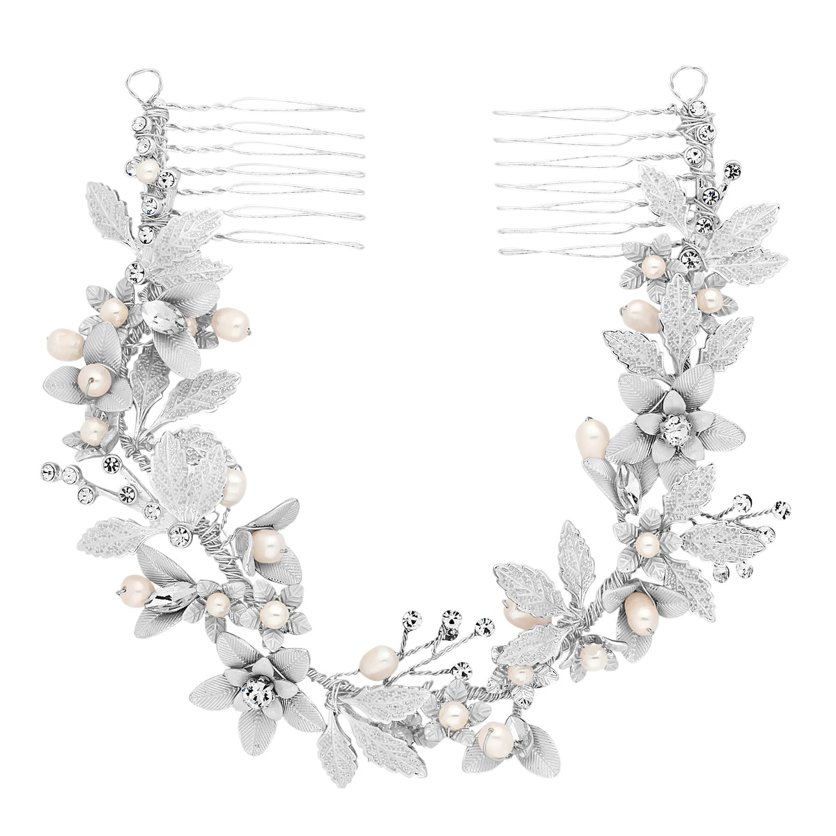Jon Richard Silver Plated Clara Brushed Leaves Fresh Water Pearl And Crystal Double Comb - Gift Pouch