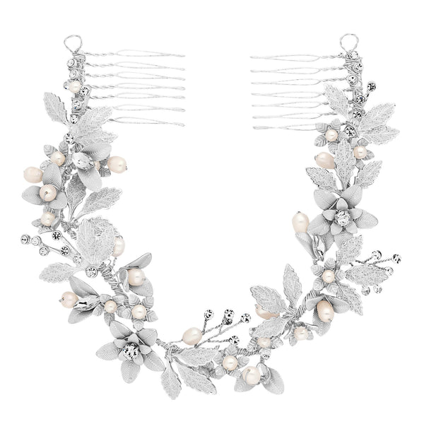 Jon Richard Silver Plated Clara Brushed Leaves Fresh Water Pearl And Crystal Double Comb - Gift Pouch
