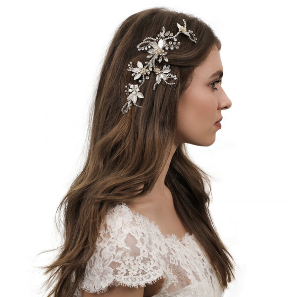 Silver Diamante Crystal Flower Hair Clip - Gift Pouch