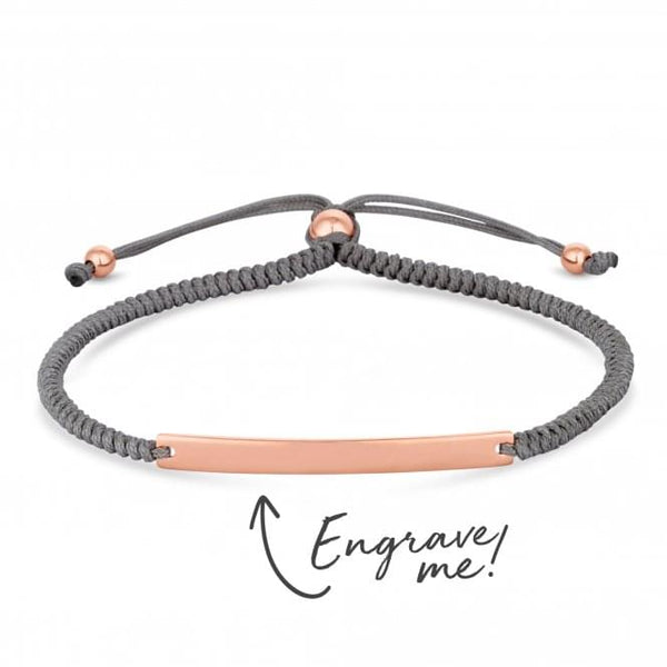 14ct Rose Gold Plated Sterling Silver 925 Bar On A Grey Cord Toggle Bracelet - Personalise By Engraving