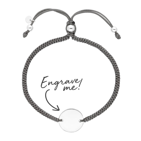 Sterling Silver 925 Disc On A Grey Cord Toggle Bracelet - Personalise By Engraving