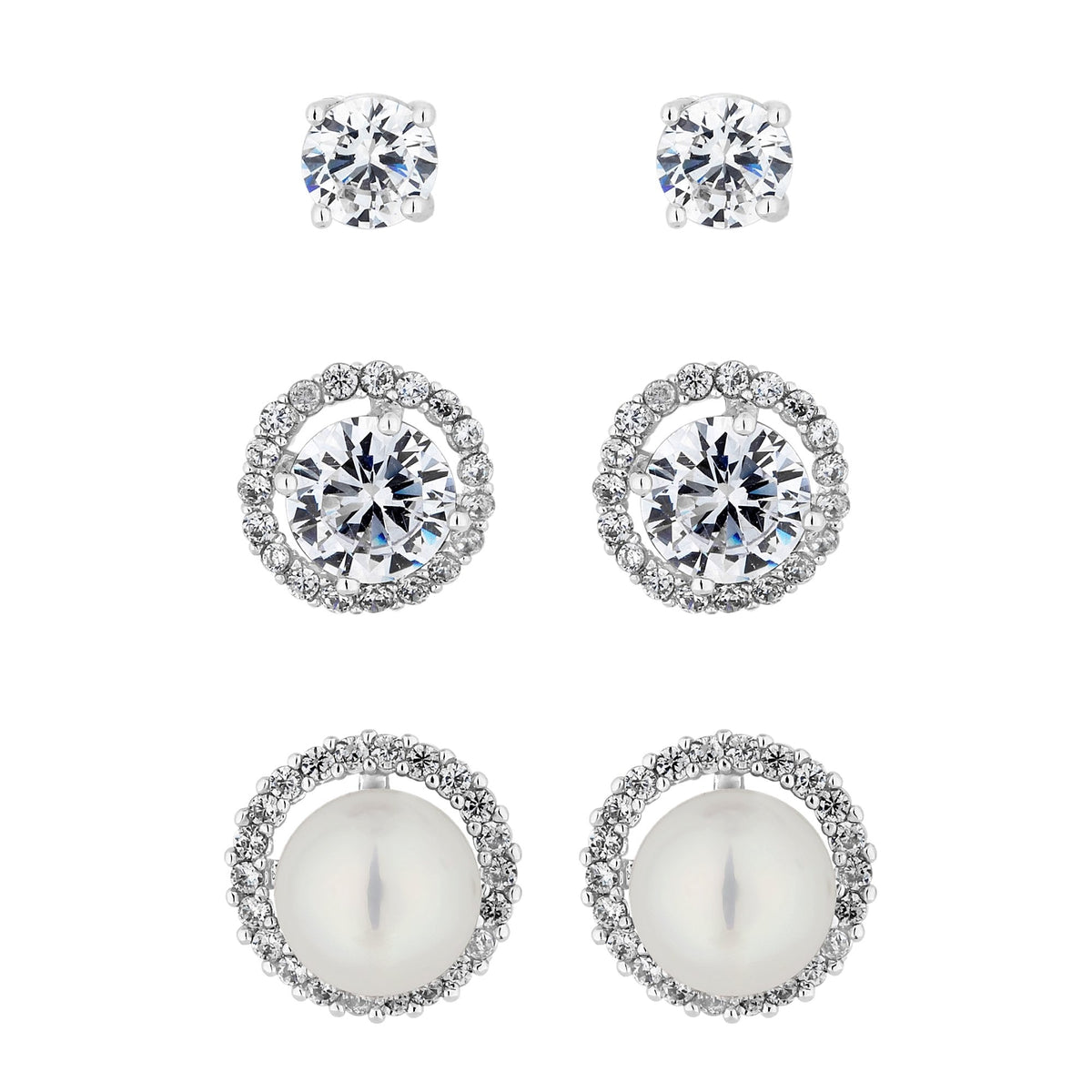 Silver Pearl And Crystal Stud Earring Set