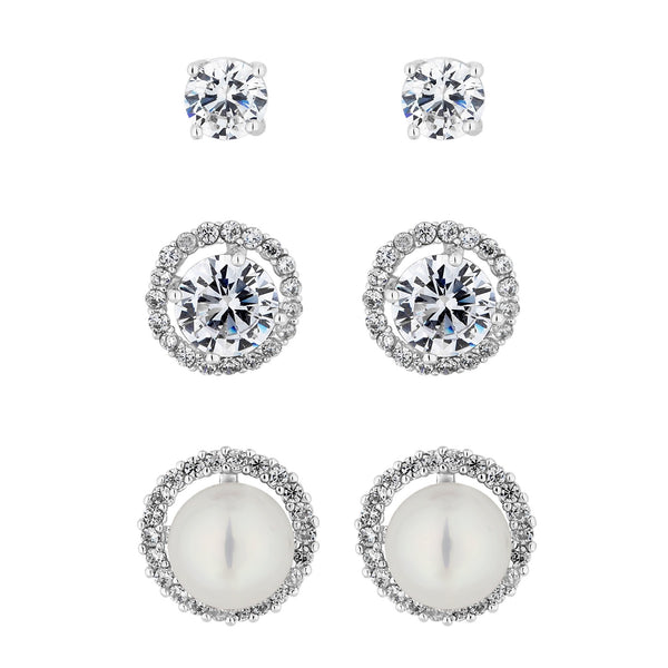 Silver Pearl And Crystal Stud Earring Set