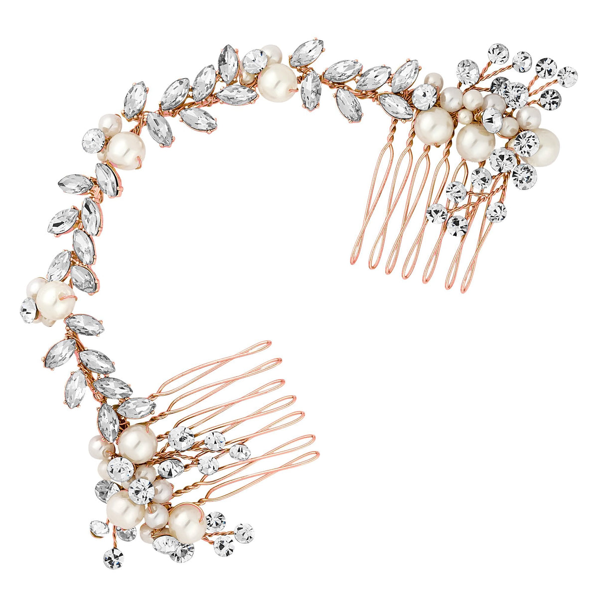 Rose Gold Pearl And Crystal Double Hair Comb - Gift Pouch