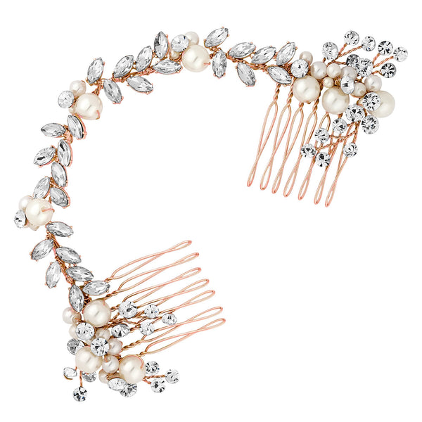 Rose Gold Pearl And Crystal Double Hair Comb - Gift Pouch