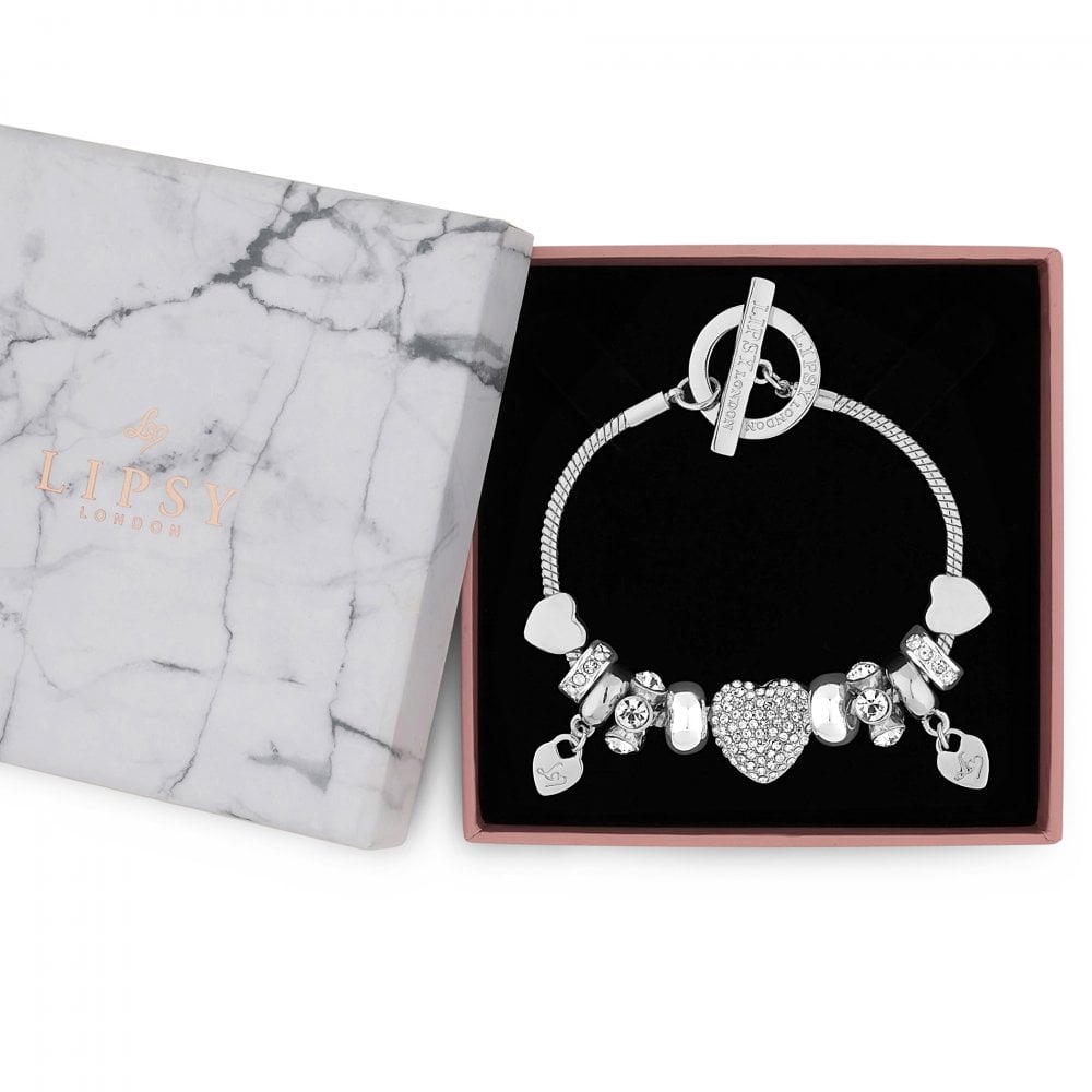 Lipsy Silver Pave Crystal Heart Charm Bracelet