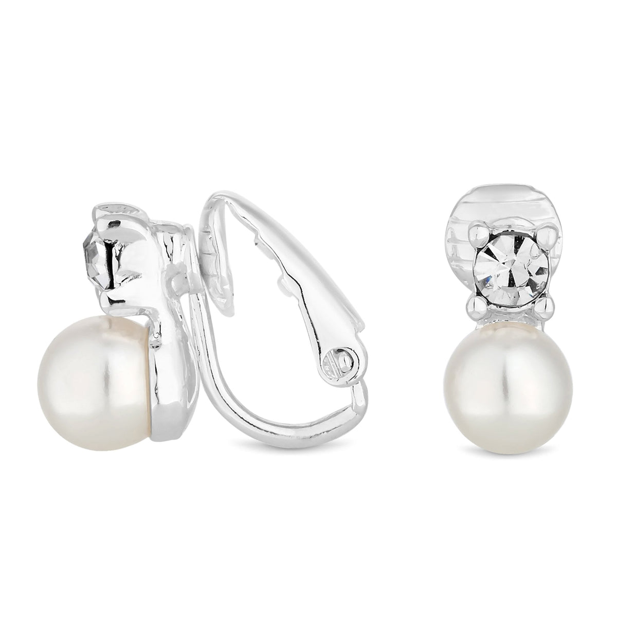 Silver Plated Clear Crystal Pearl And Crystal Small Snowman Clip On Earring