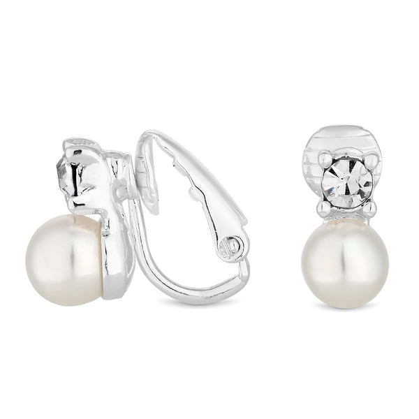 Silver Plated Clear Crystal Pearl And Crystal Small Snowman Clip On Earring