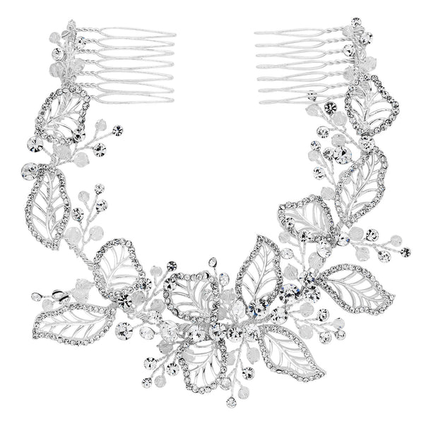 Silver Plated Clear Crystal Olivia Pave Leaf Double Hair Comb - Gift Pouch