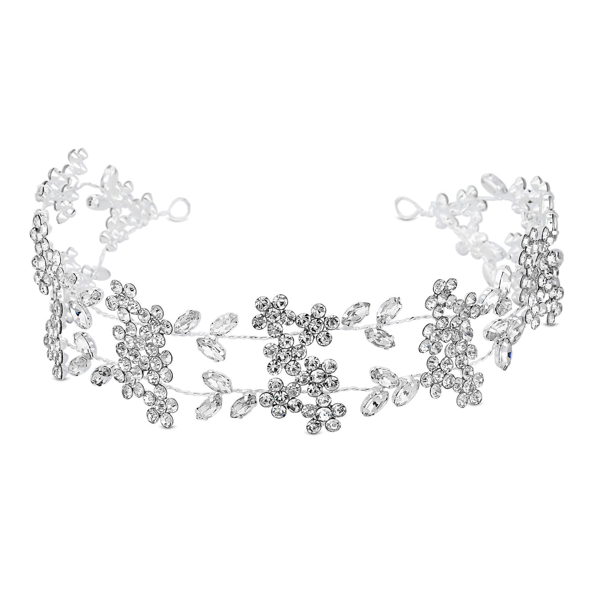 Silver Plated Clear Crystal Floral Hair Halo - Gift Pouch