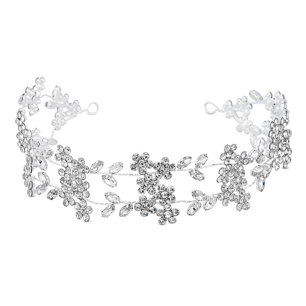 Silver Plated Clear Crystal Floral Hair Halo - Gift Pouch