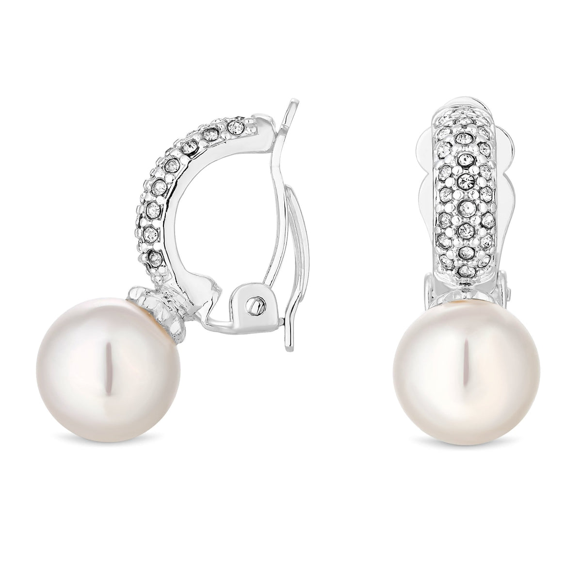Plated Clear Crystal Pave Half Hoop Pearl Drop Clip On Earring