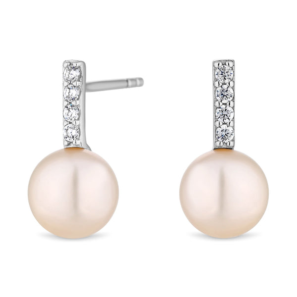 Sterling Silver 925 White Freshwater Pearl Cz Bar Drop Earring