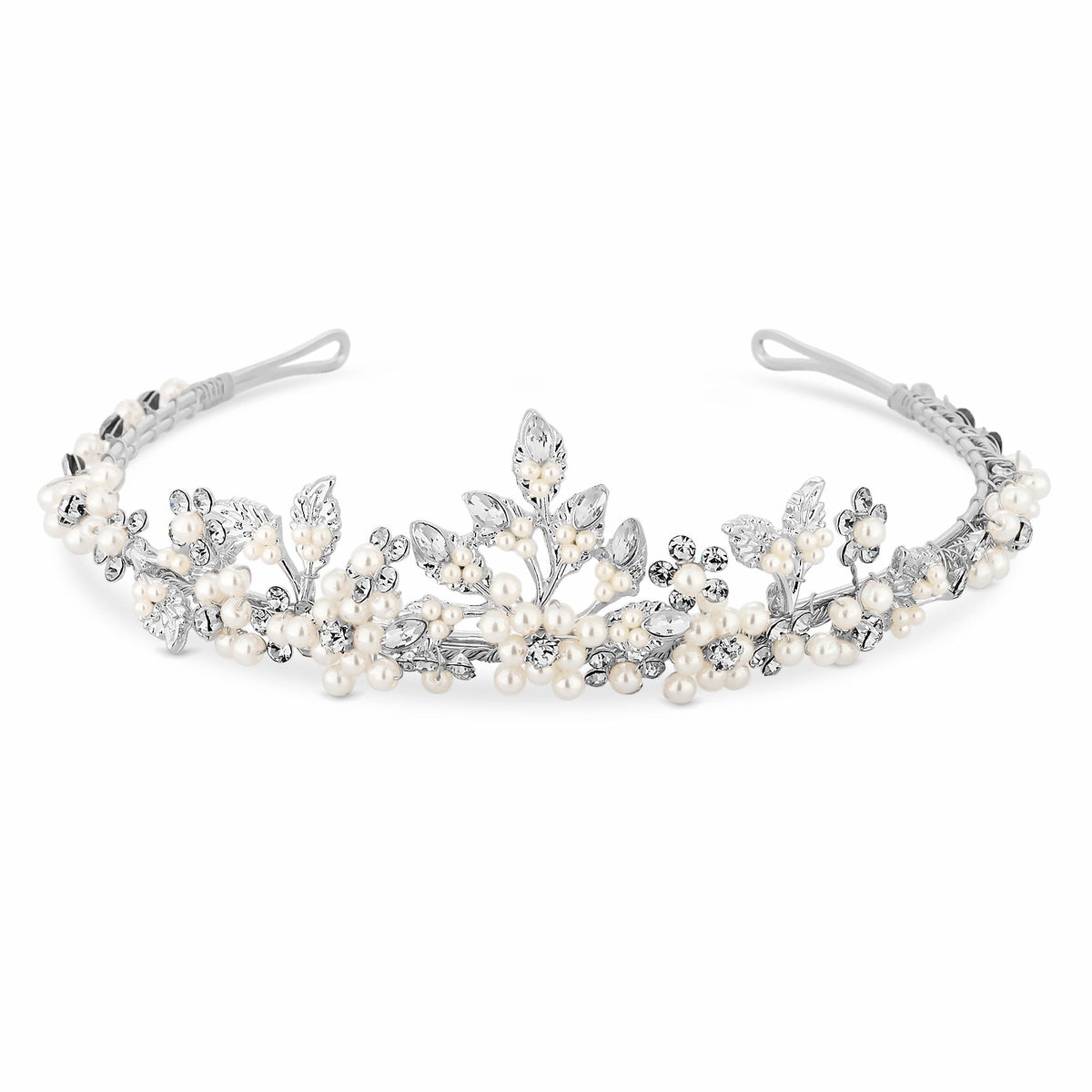Silver Plated Cream Crystal Floral Tiara - Gift Pouch