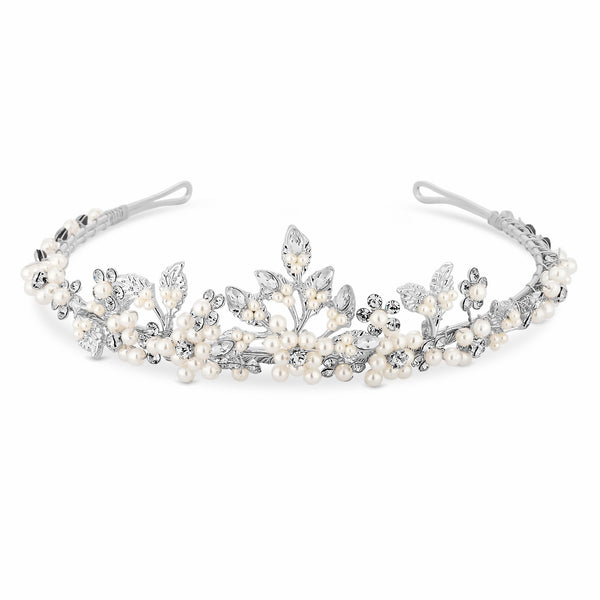 Silver Plated Cream Crystal Floral Tiara - Gift Pouch