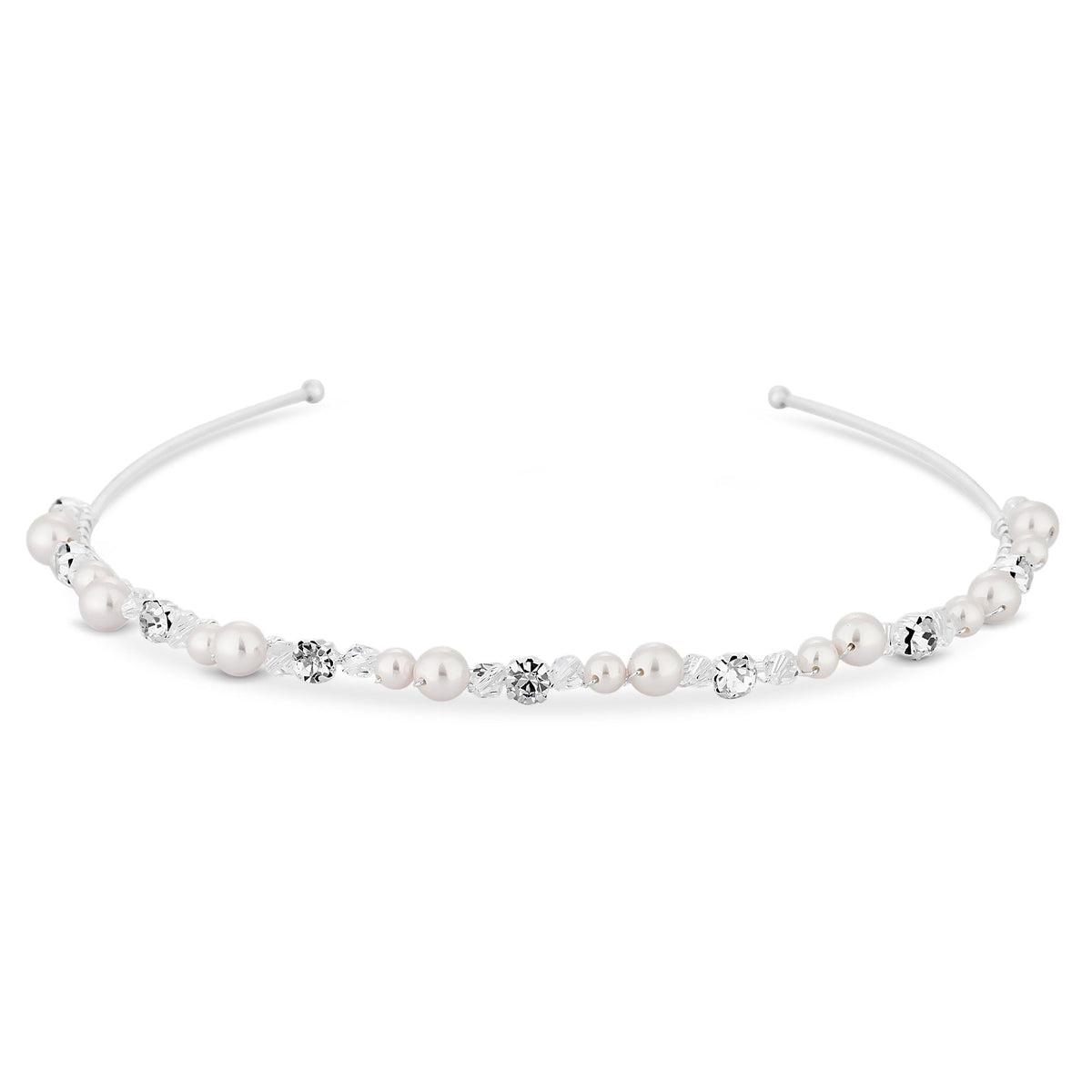 Silver Plated Clear Crystal Poppy Pearl And Crystal Bead Headband - Gift Pouch