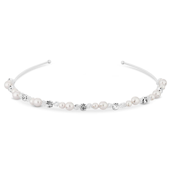 Silver Plated Clear Crystal Poppy Pearl And Crystal Bead Headband - Gift Pouch