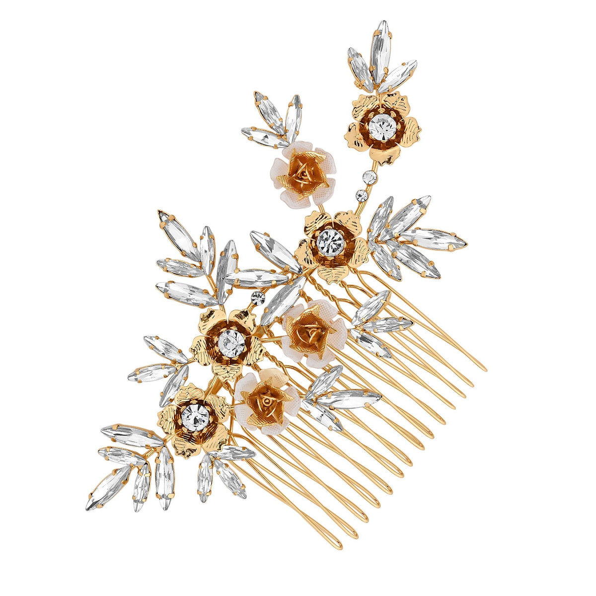 Gold Plated Clear Crystal Navette Hair Comb - Gift Pouch