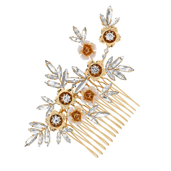 Gold Plated Clear Crystal Navette Hair Comb - Gift Pouch