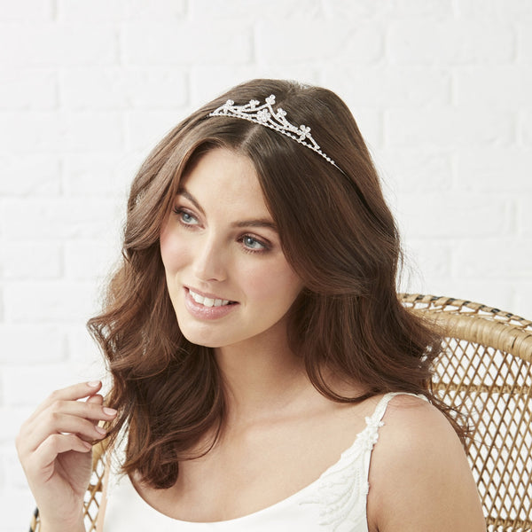 Silver Floral Crystal Cluster Small Tiara - Gift Pouch