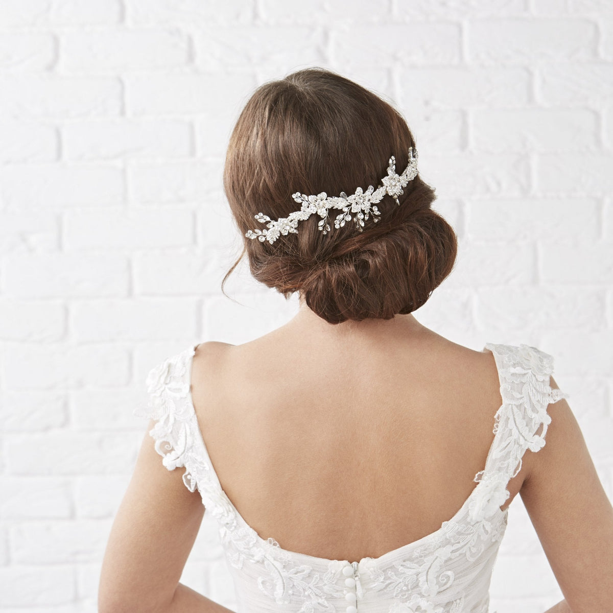 Silver Floral Crystal Double Hair Comb - Gift Pouch