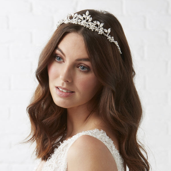 Silver Plated Cream Crystal Floral Tiara - Gift Pouch