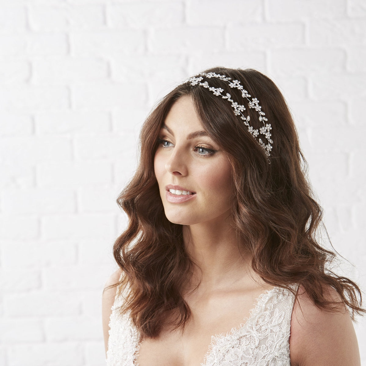 Silver Plated Clear Crystal Floral Hair Halo - Gift Pouch