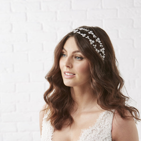 Silver Plated Clear Crystal Floral Hair Halo - Gift Pouch