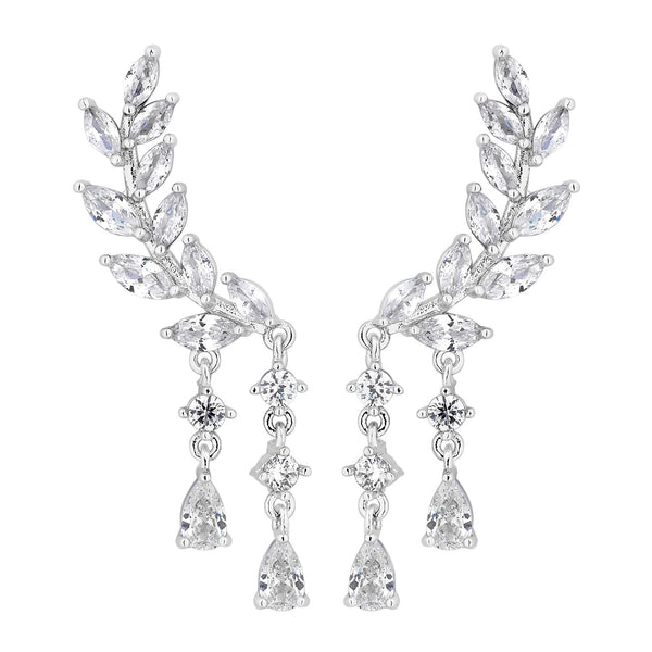 Silver Plated Clear Ear Climber Drop Earrings