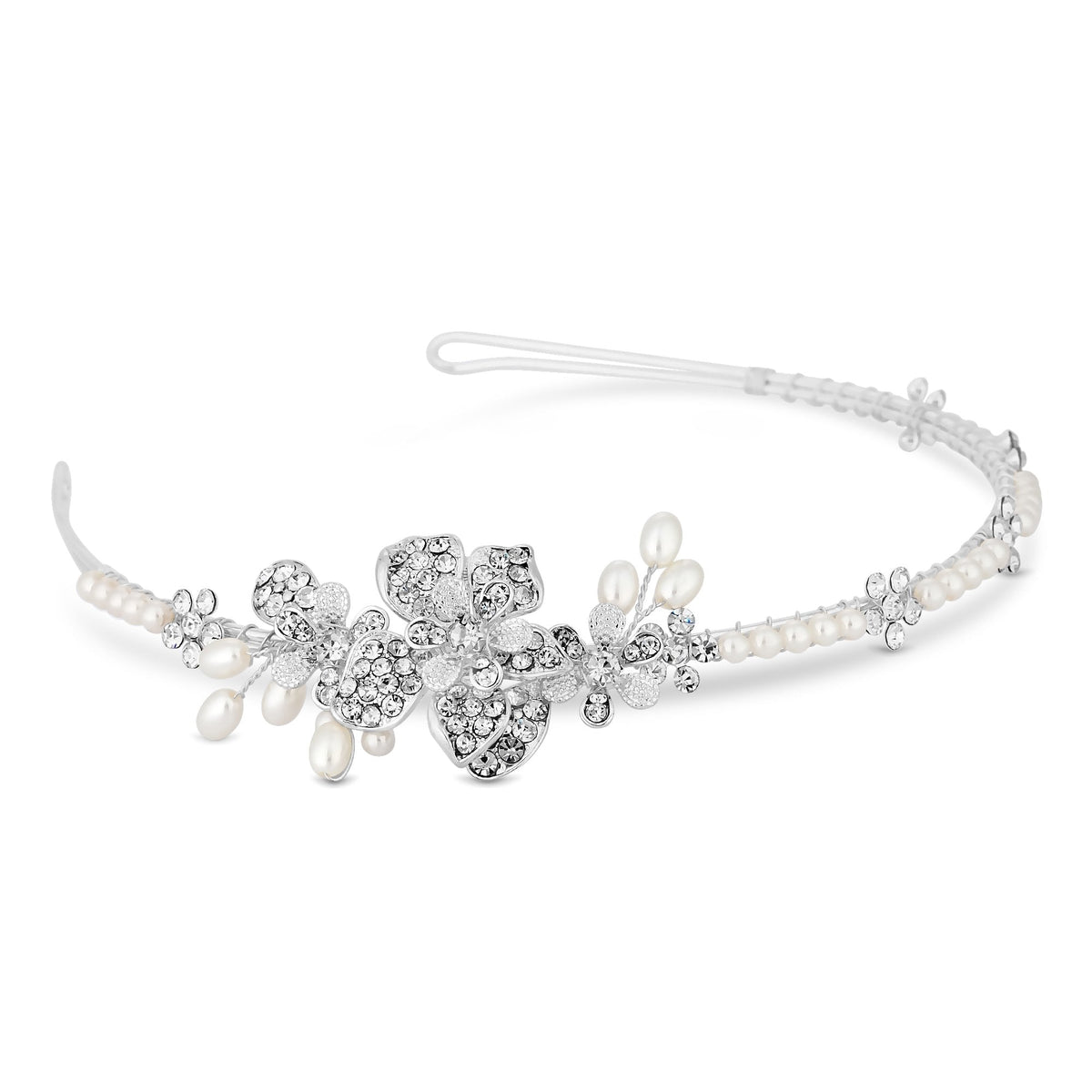 Silver Plated Clear Crystal Floral Headband Hair - Gift Pouch