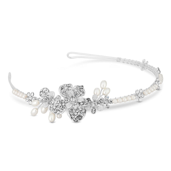 Silver Plated Clear Crystal Floral Headband Hair - Gift Pouch