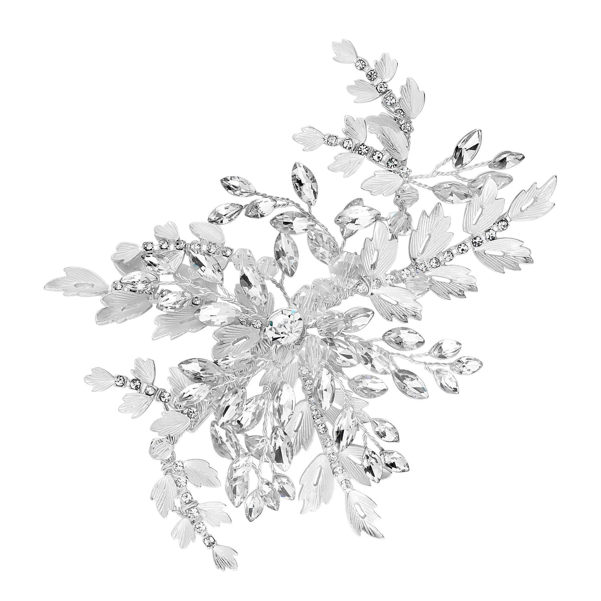 Silver Plated Clear Crystal Ruby Brushed Leaf And Crystal Burst Hair Slide