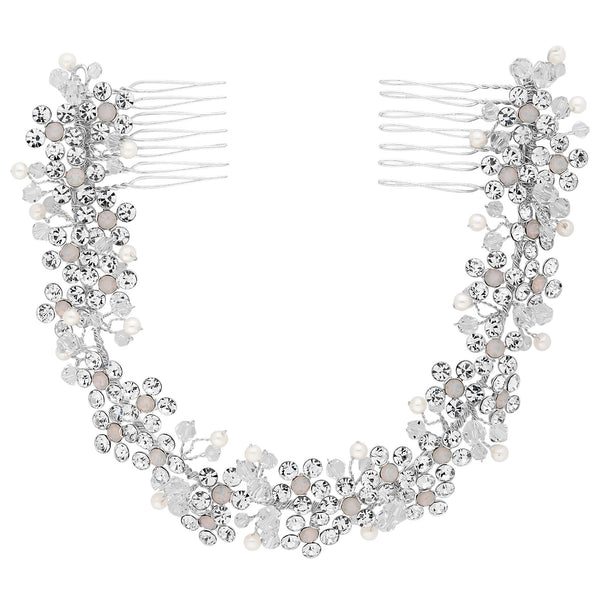 Silver Plated Clear Crystal Amber Glitz Double Hair Comb - Gift Pouch