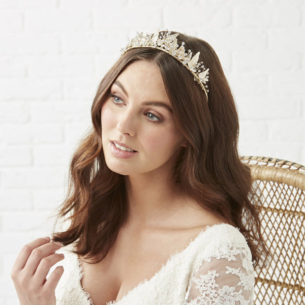 Gold Plated Crystal Florence Leaf And Crystal Tiara - Gift Pouch